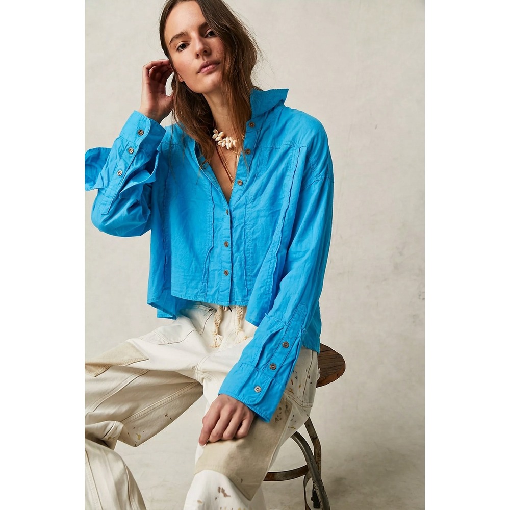 Free People We The Free Remade Poplin Shirt XS Catalina Blue Cotton Oversized
